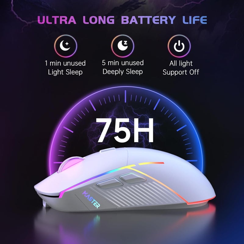 FFJ Wireless Gaming Mouse, 24000 DPI, Tri-Mode 2.4G/USB-C/Bluetooth 5.3 Gaming Mouse Wireless, RGB Programmable Mouse Gamer, 75Hrs Battery Life, Rechargeable Gaming Mice for PC, Mac, PS5, Xbox - White - Image 5
